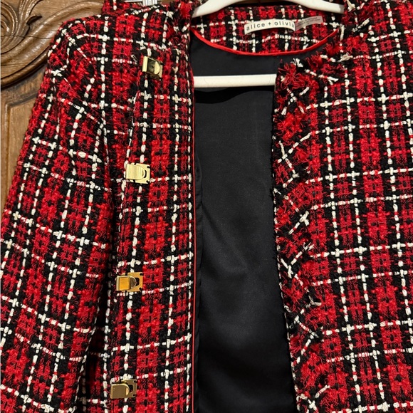 Alice and Olivia Red Plaid Tweed Jacket and Skirt Set - Picture 6 of 8